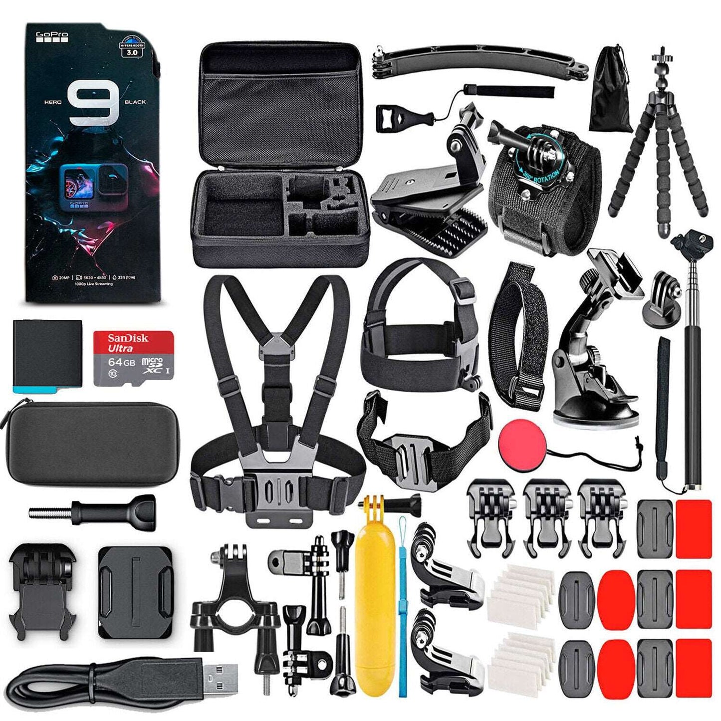 GoPro HERO9 Black with 64GB Card & 50 Piece Accessory Kit - Loaded Bundle