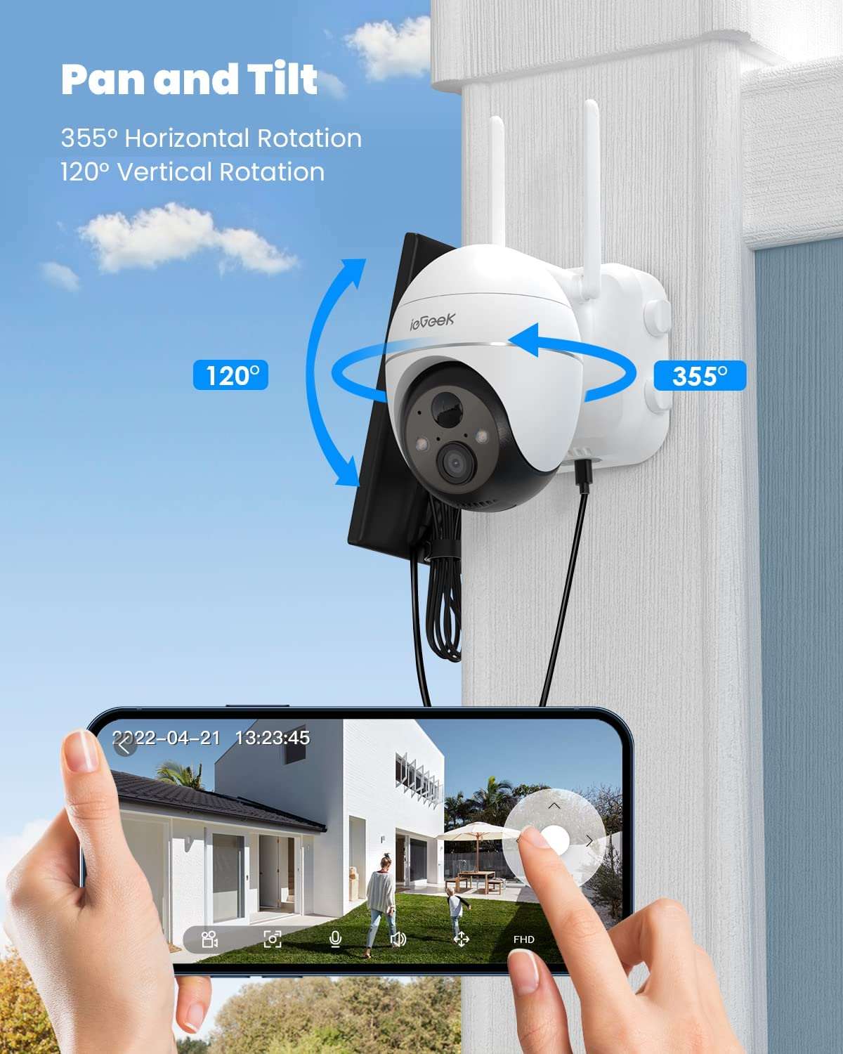 ieGeek Security Camera Outdoor, 2K Wireless WiFi 360° PTZ Camera, Solar Security Camera Battery Powered, Home Surveillance Camera with Spotlight & Siren/Motion Detection/3MP Color Night Vision/IP65