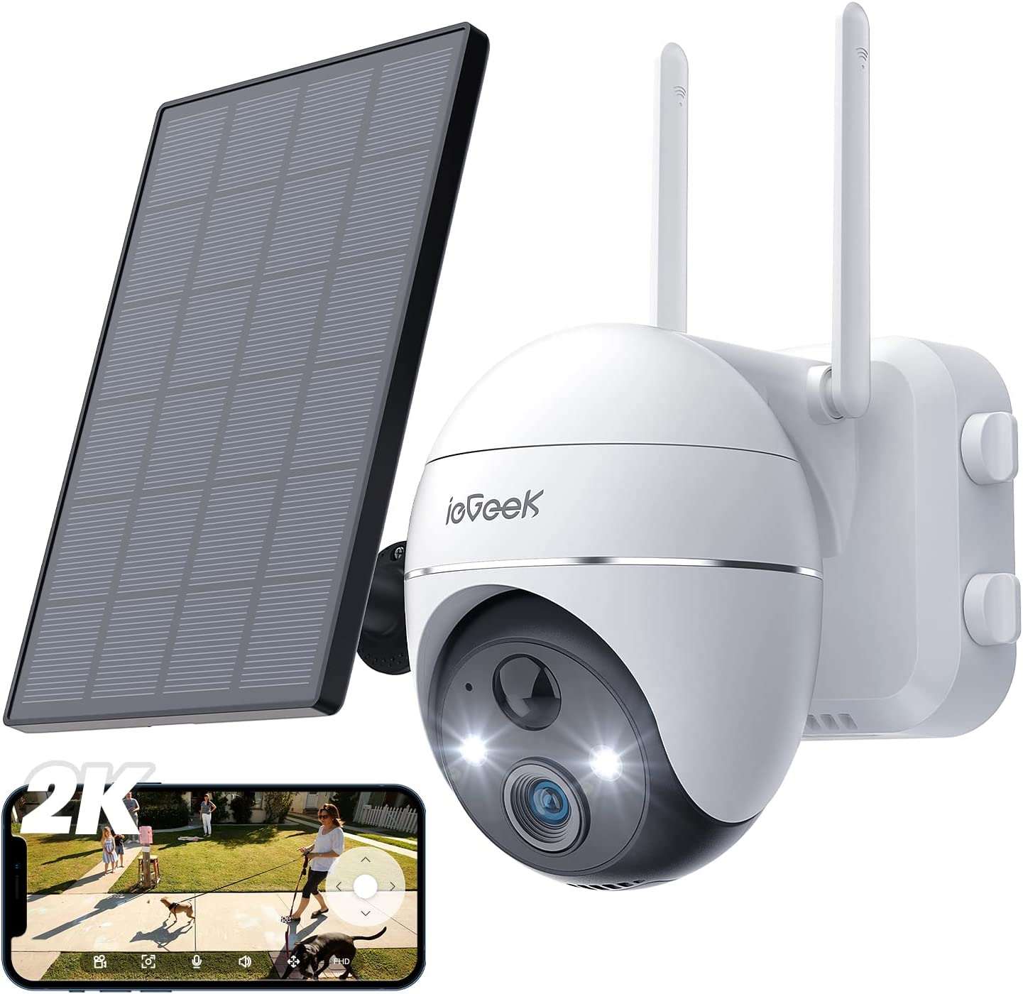 ieGeek Security Camera Outdoor, 2K Wireless WiFi 360° PTZ Camera, Solar Security Camera Battery Powered, Home Surveillance Camera with Spotlight & Siren/Motion Detection/3MP Color Night Vision/IP65
