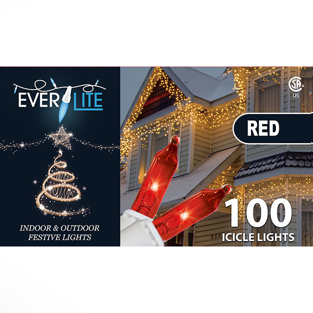 Everlite 100 String Icicle Lights RED CSA