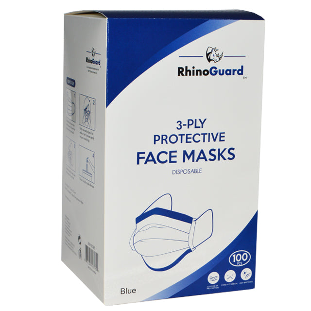 RHINOGUARD 3PLY BLUE PROTECTIVE FACE MASKS 10CT*10PK/100CT