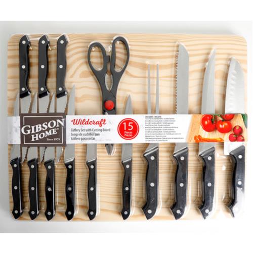 GIBSON WILDCRAFT 15PC SS KNIFE SET W/WOODEN CUTTING BOARD