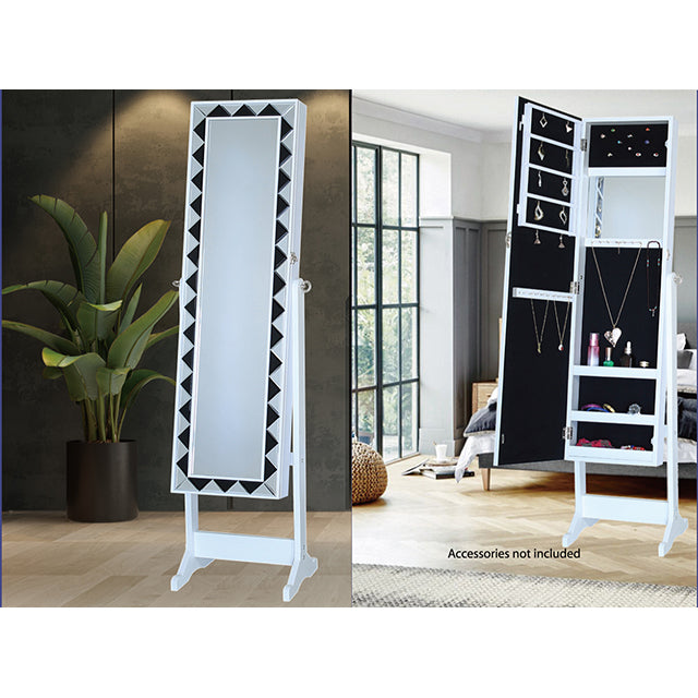 MIRRORED JEWELRY CABINET WHITE W/TRIANGLE BORDER 48x13x4"