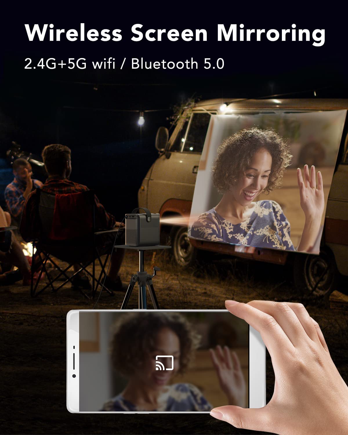 Portable Projector Native 1080p 4K Supported, 2.4G/5G WiFi Projector, 9000Lumens, 4D Keystone Correction, Zoom, 120" Big Screen Home Theater Projector Compatible with HDMI, USB, TV Stick