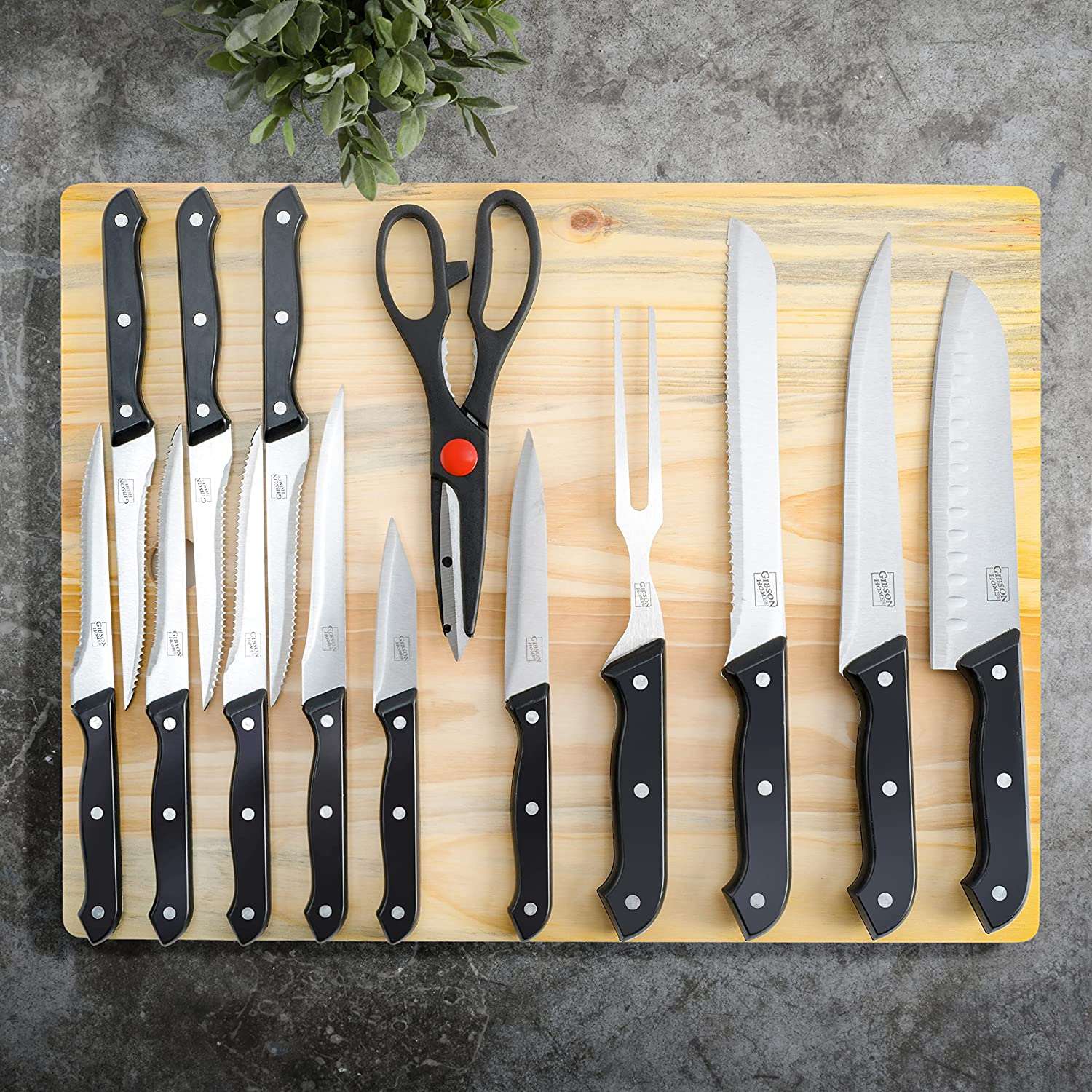 GIBSON WILDCRAFT 15PC SS KNIFE SET W/WOODEN CUTTING BOARD