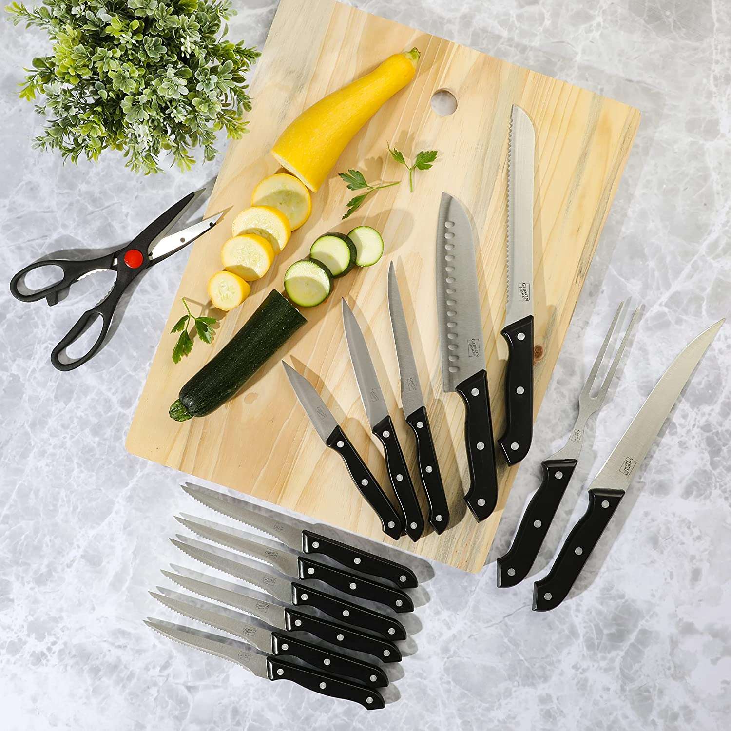 GIBSON WILDCRAFT 15PC SS KNIFE SET W/WOODEN CUTTING BOARD