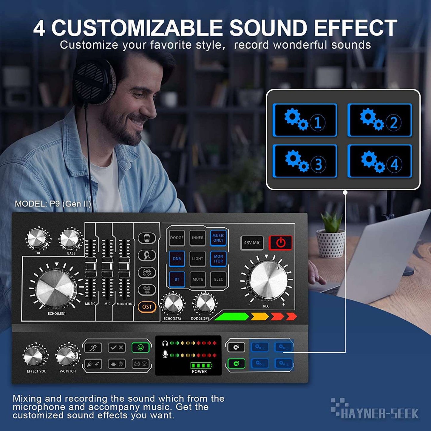 Podcast Equipment Bundle Aluminum Alloy Panel with Studio Condenser Microphone Sound DJ Mixer Broadcast ALL-IN-ONE Audio Interface [DIY Sound Effect] For PC/Laptop/Phone,Streaming/Recording, Black