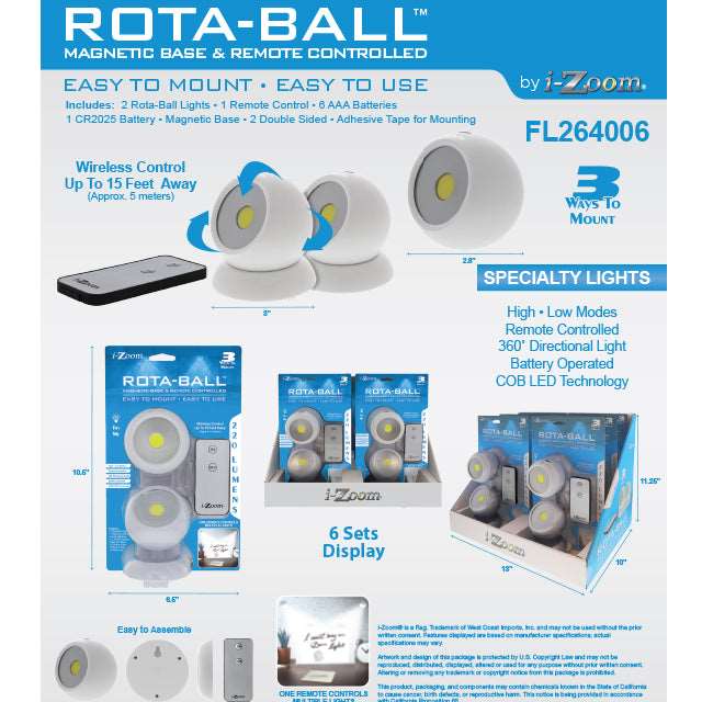 ROTA-BALL REMOTE CONTROLLED LED LIGHT 2PK BATT INCL