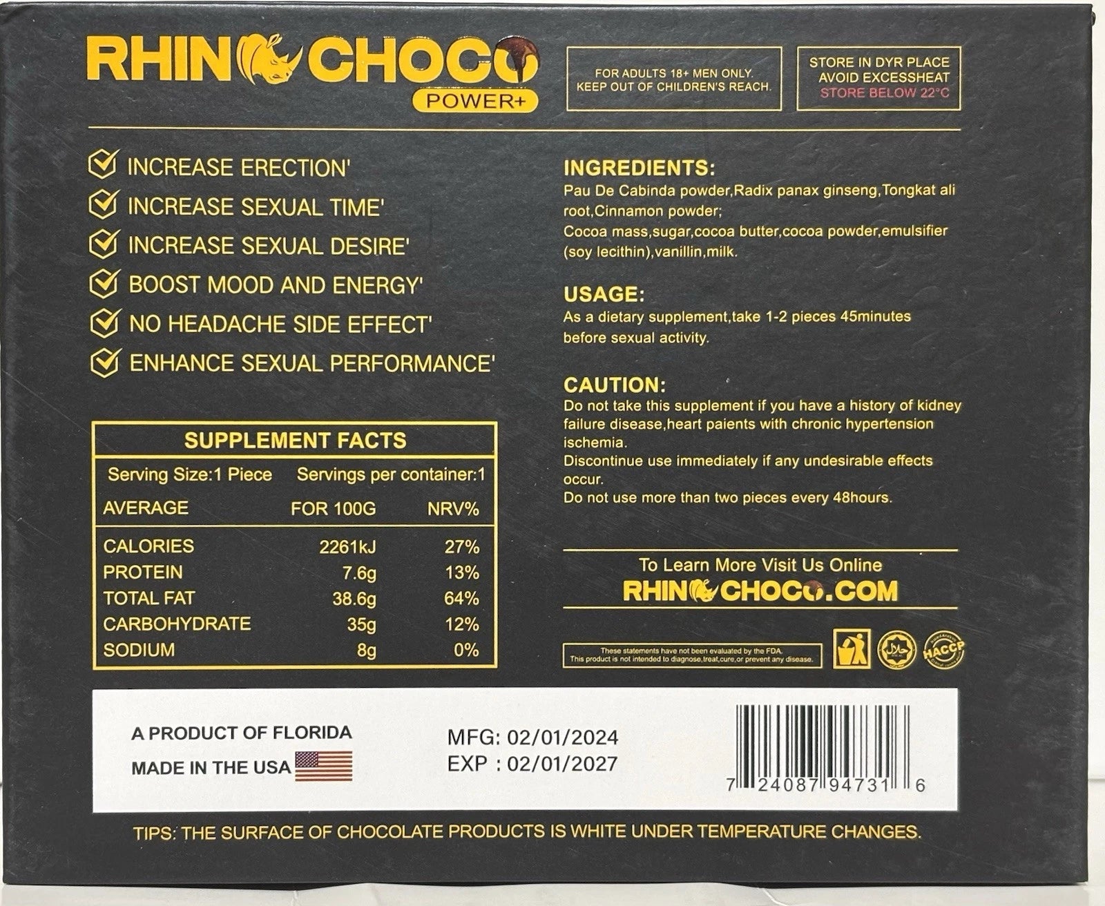 Rhino Choco for Men – 12 Pack – Premium Chocolate – Made in USA – Authentic