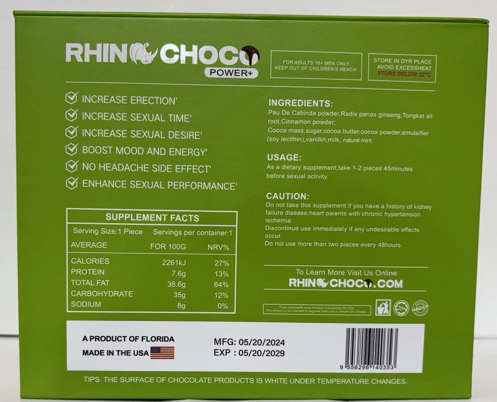 Rhino Choco for Men – 12 Pack – Premium Chocolate – Made in USA – Authentic