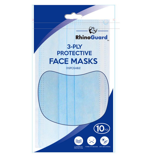 RHINOGUARD 3PLY BLUE PROTECTIVE FACE MASKS 10CT*10PK/100CT