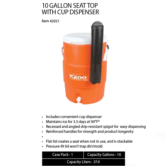 IGLOO 10GAL SEAT TOP ORANGE COOLER W/CUP DISPENSER