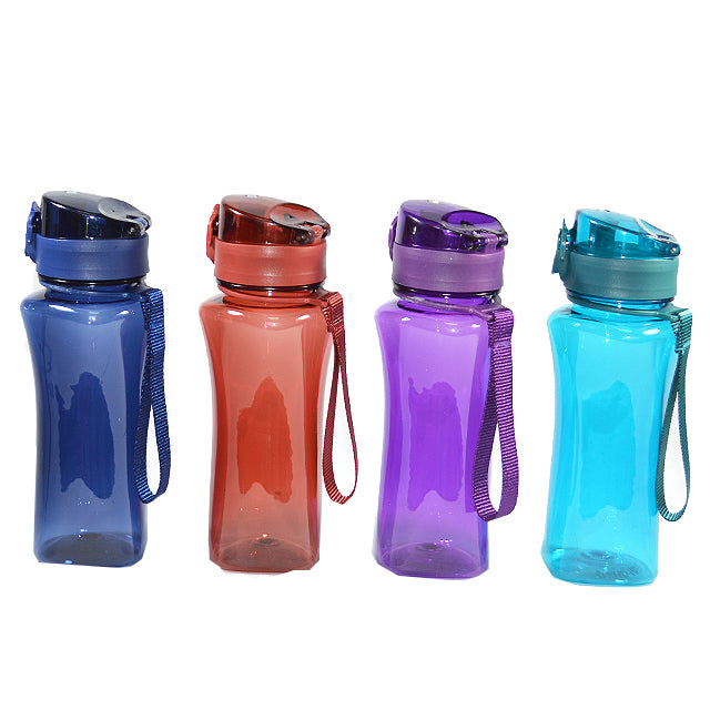 PLASTIC BOTTLE W/STRING 400ML ASST PURPLE/BROWN/TURQUOISE