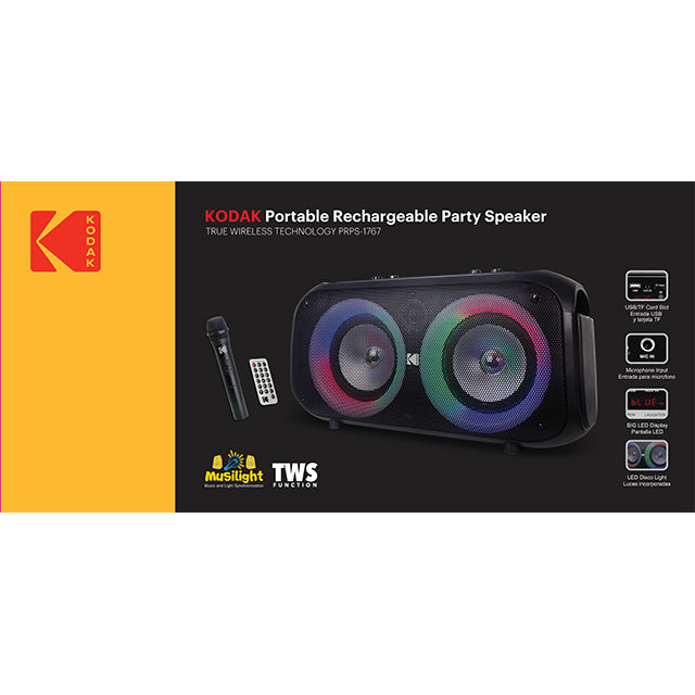 KODAK PARTY SPEAKER W/6.5" DOUBLE WOOFER, BT, USB & RADIO