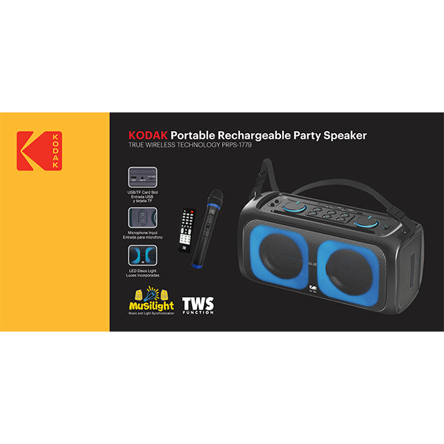 KODAK 6.5" PARTY SPEAKER W/2" TWEETER, BT, USB, MIC & RADIO