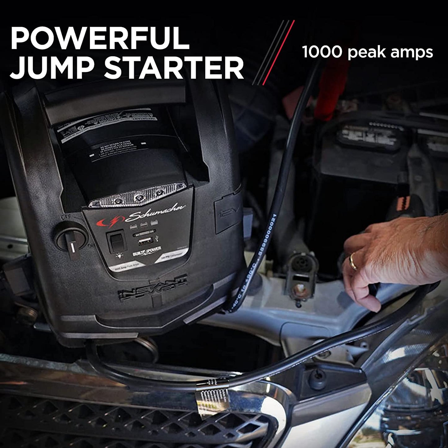 Schumacher SJ1330 Rechargeable AGM Jump Starter for Gas, Diesel Vehicles - 1000 Amps with Air Compressor and 12V DC, USB Power Station