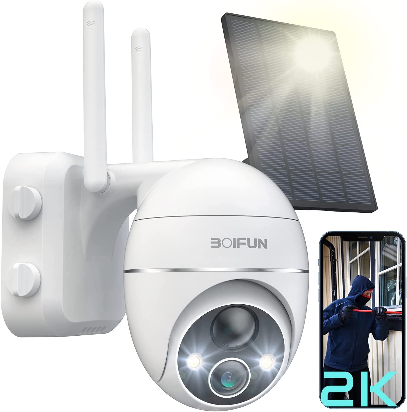 Solar Security Camera Outdoor, 2K Wireless WiFi 360° PTZ Camera, Solar Powered Security Cameras with Spotlight & Siren, Color Night Vision, PIR Motion Detection, 15000mAh Battery, 2 Way Audio, IP65