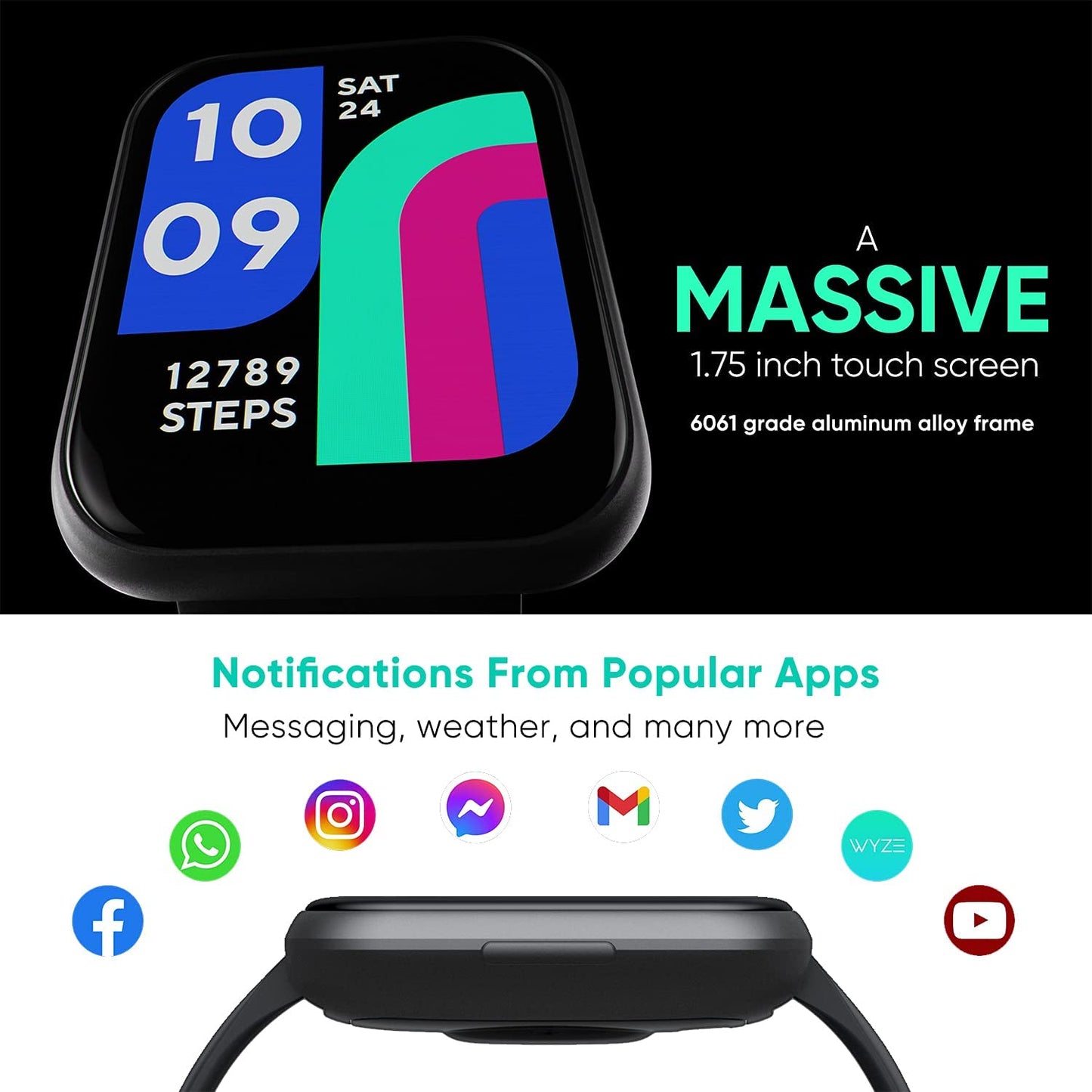 WYZE Smart Watch, 1.75"(47mm)Aluminum Smartwatch for Android Phones and iOS Phones IP68 Waterproof Fitness Tracker with Heart Rate/Blood Oxygen/Sleep/ Menstrual Monitor Digital Watch for Women and Men